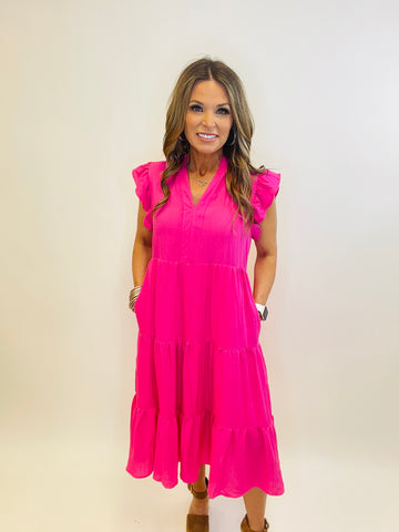 ESSENTIAL MIDI DRESS IN HOT PINK--RESTOCK IS HERE